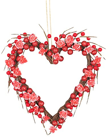 Valentines Day Wreath Romantic Light Up Heart Wreath Red Rose & Berry Front Door Wreath Valentine Decorations Indoor Outdoor (Red, 35cm / 14inch)