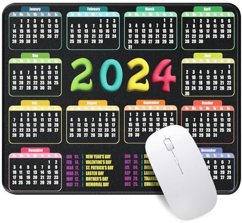 G JGOO Kleines Mauspad, Mousepad mit Anti-Ausfrans-Nähten und rutschfester Gummiunterseite, schwarze Mauspads für Schreibtisch, Computer, Laptop, Büro, Gaming, 2024 Mauspad Kalender mit Feiertagen,