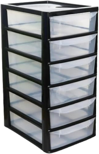 6 Shallow | Slim Drawers Tier A4 Plastic Storage Tower Unit Organizer Home Office School Desktop Clear Storage Chest for Clothes Toys Shoes Stationary Black