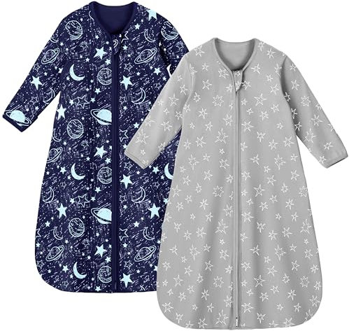 Unnivoll Baby Sleeping Bag 0.5 Tog 6-12 Months Long Sleeve Summer Sleep Sack 2 Pack 100% Cotton Baby Sleep Bag Wearable Blanket for Newborn Infant Blue Grey Planet