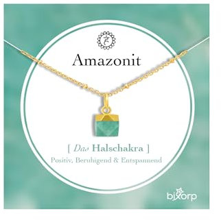 Bixorp Amazonit Chakra Halskette – Handgefertigter Amazonit Anhänger – Vergoldete Edelstahlkette auf Geschenkkarte mit Geschenkumschlag – (36 cm + 8 cm verstellbar)