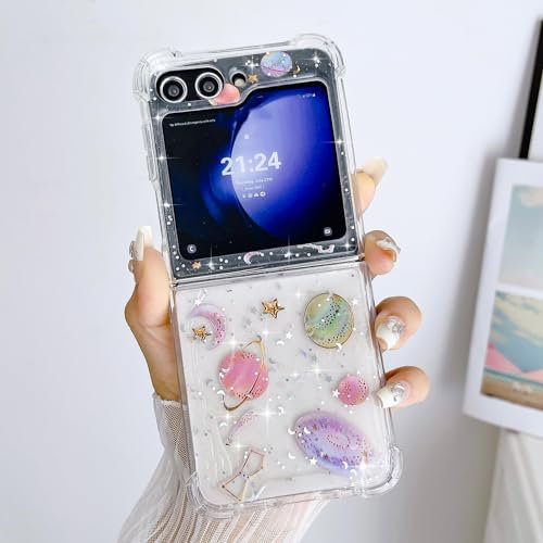 LCHULLE Glitzer Hülle Kompatibel mit Samsung Galaxy Z Flip6 5G Handyhülle Mädchen Schutzhülle Süße Mond Stern Planet Muster Hülle Silikon Girls Clear Case für Samsung Z Flip6 5G(2024) Transparent
