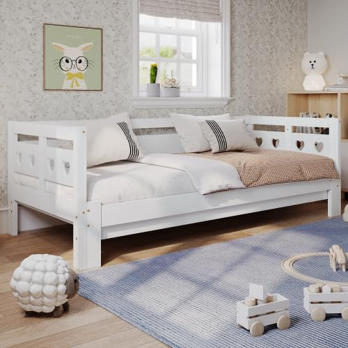Merax Single Daybed mit Storage, Pull out Trundle Wooden Bed Frames, mit Heart-Shaped for Children Adults, for Living Room and Bedroom, 90 x190 cm/White