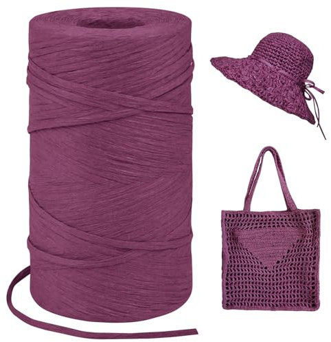 LEREATI Raffia Garn zum Häkeln, Bastband Natur 3mm x 300m Papiergarn Geschenkbänder, Bändchengarn zum Häkeln, Papierdraht zum Häkeltaschen, Körbe, Hüte, Geschenkverpackung (Dunkelrot)