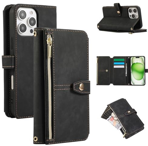 UEEBAI Wallet Case for iPhone 16 Pro 6.3, 9 Card Slots Retro Leather Wallet Shockproof Flip Cover with Hand Strap Card Slots Zipper Pocket Kickstand Handbag Magnetic Closure - Black