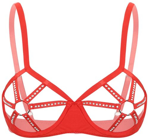 Zaldita Womens Sexy Push Up Underwire Bra Tops Nightclub Open Nipple Bralette Nightwear Balconette Red M