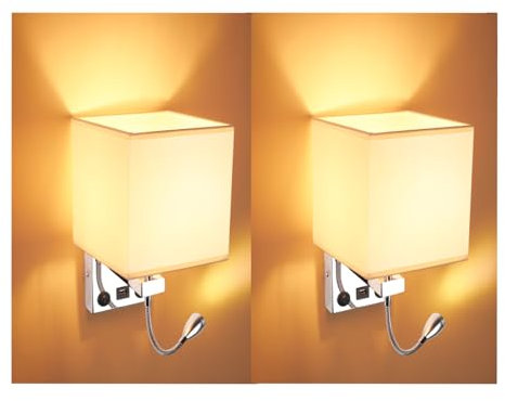 2 Pièces Applique de Chevet, Applique de Lecture à LED Applique Murale Moderne en Chrome Poli avec Projecteur Ajustable à col de Cygne, Interrupteurs Doubles, Avec Port USB pour Charger E27