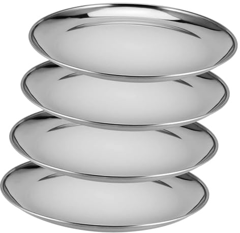 FAAING Lot de 4 assiettes rondes en acier inoxydable de 26 cm - Plateau rond en acier inoxydable argenté - Assiettes de service en métal pour pizza, cuisine, camping, fête