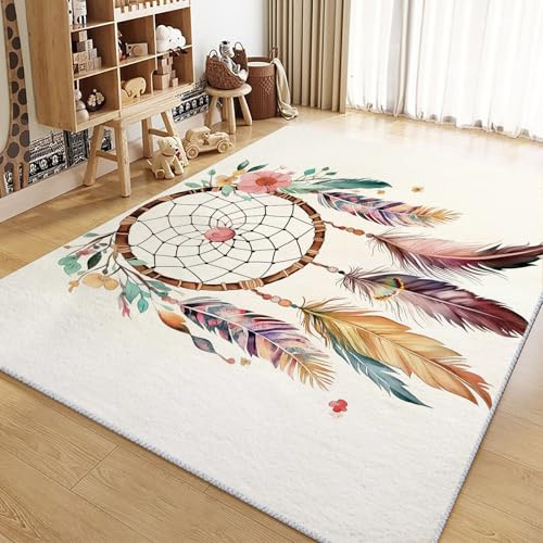 Generisch Waschbarer Teppich 160x230cm Feder Blumen Traumfänger Wohnzimmer Schlafzimmer Anti-Rutsch Teppich, Flauschig Weich Kurzflor Teppich, Moderne Heimdekorative Teppiche