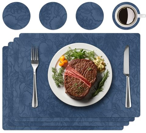 4er Set Tischsets aus Kunstleder,Platzsets abwaschbar mit Dekor | Inklusive 4 Untersetzern,edle Blumendekor-Prägung,rutschfest & hitzebeständig,idealer Tischschutz für Küche & Esstisch