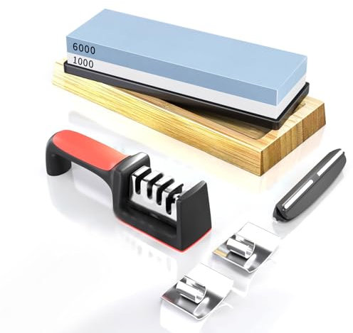 CIGAA Sharpening Stone Whetstone Knife Sharpener Knife Sharpener Stone 1000/6000 Water Stone with Angle Guide, Anti-Slip Base & Honing Accessories Sharpening Stone Set for Kitchen Knives, Scissors