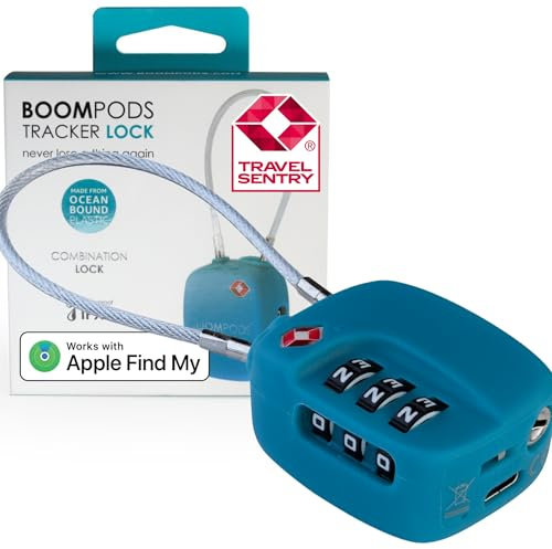 Boompods Tracker Lock - TSA-Zugelassenes Gepäckschloss mit Ortungsfunktion, Wiederaufladbarer Gegenstandsfinder für Koffer & Taschen, Wasserdichtes Zahlenschloss, Kompatibel mit Find My App, Blau
