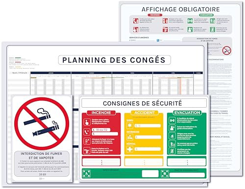Affichage Obligatoire Entreprise 2025 – Kit Complet Conforme : consignes de Sécurité, Interdiction de Fumer, Premiers Secours, Calendrier Congés – Plastifié – Feutre + Adhésifs inclus