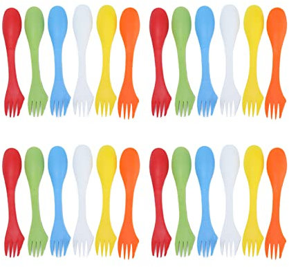Lot de 24 fourchettes de camping en plastique 3 en 1, fourchette et couteau, ensemble d'ustensiles pour pique-nique et activités de plein air, 6 couleurs