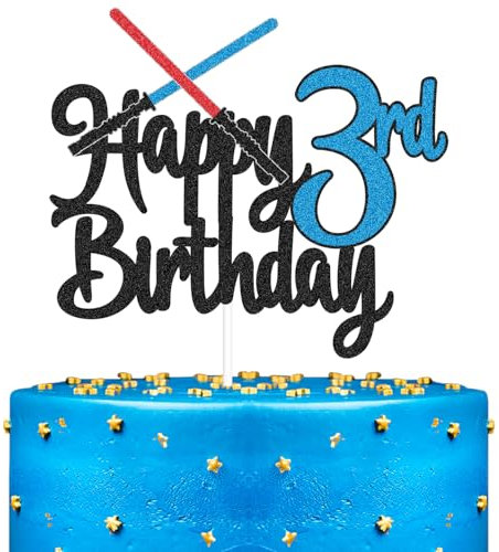 Cartoon Sword Happy 3rd Birthday Cake Topper - Space Film Movies Black Glitter Cake Topper - Light Sword For Boys 3 Years Old Birthday Party Decorations
