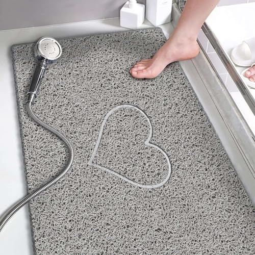 Nicoman Heart Long Bath Mat Non Slip Anti Mould, 40x100 cm Bath Mats for Inside Shower, Rectangular Loofah Grey Bathmats for Bathtubs Toilet Bathroom Floor, PVC Bathtub Mat for Elderly