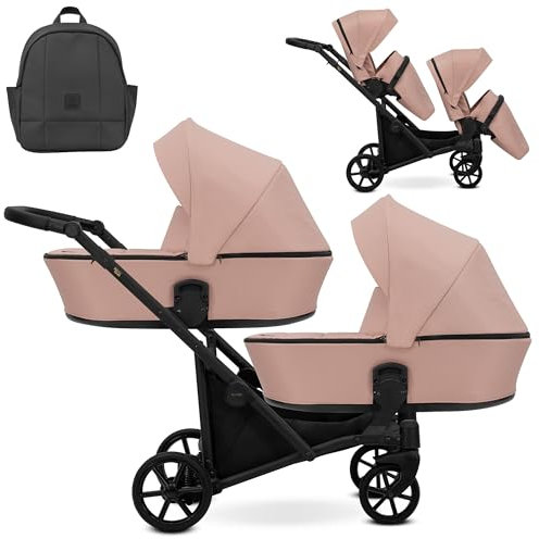 Kunert BRAV DUO Zwillingskinderwagen 2 in 1 + Zubehör: Komfort, Sicherheit, Praktikabilität, elegantes und funktionales Design, vielseitiges System, Aluminiumrahmen (Rosa/schwarzes Gestell)