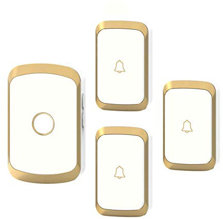 WOTZOV Wireless Doorbell, Cordless Battery Operated Waterproof Door Chime Kit, 3 Push Button Transmitter +1 Plug-In Receivers,300M Ultra Long Range,36 Ringtones,4 Volume Levels,Gold,Gold