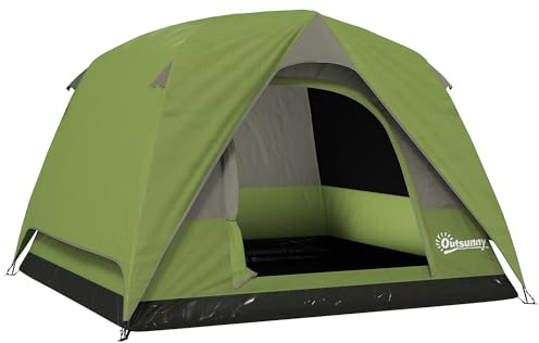 Outsunny Tenda da Campeggio per 3 Persone con Pavimento, Tenda da Trekking Famigliare a Cupola Impermeabile 3000mm con Tasche Rimovibile, Gancio per Lanterna e Borsa di Trasporto, Verde