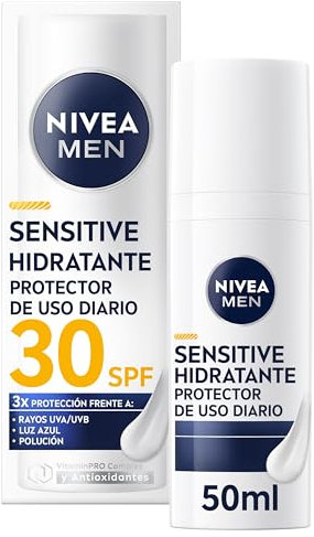 NIVEA MEN Sensitive Hidratante Protector FP30 de Uso Diario (50 ml), crema facial hidratante para hombre, protector solar para piel sensible con Camomila, Provitamina B5, Vitamina E y Licocalcón A