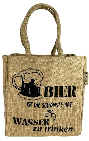 Domelo Jute Flaschentasche. Geschenke für Männer. Bierträger/Flaschenträger mit Trennwänden für 6 Flaschen. kleine Einkaufskorb. Lustige witzige Bier Männerhandtasche