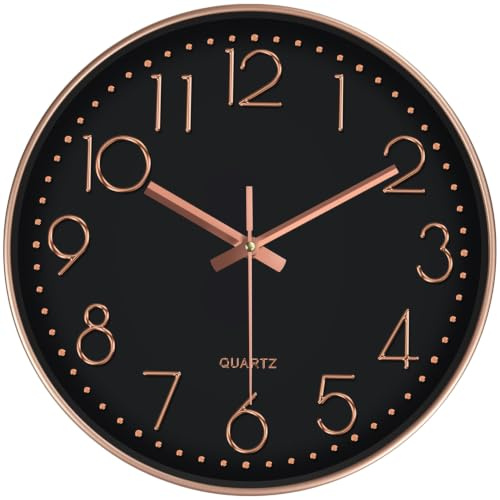Mabpedo Wall Clock, Silent Wall Clocks Battery Operated 10 Inch- Modern Non Ticking Analog Clock with Large Numerals Tempered Glass Clocks for Bedroom Living Room Kitchen Office Decor Black Rose gold