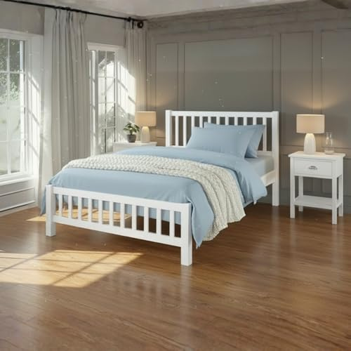 Reinforced Beds BANHAM BED – Heavy Duty Rubberwood, Solid Wooden Bed Frame, Shaker Style Design, 22mm Thick Slats (White, Super King)