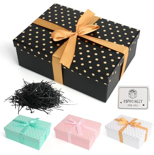 Black Gift Boxes with Lids Large Gift Boxes for Presents Gold Dots | Foldable Present Boxes with Card, Shredded Paper, Ribbon for Valentines Day Christmas Birthday Anniversaries Weddings (Black)