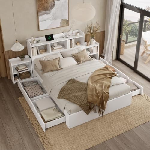 Holzbett 140*200 Doppelbett mit Lattenrost und Kopfteil, mit 2 ausziehbaren Nachttischen mit Stauraum, mit Handy-Ladefunktion (TYPE C und kabelloses Laden), mit Schubladen