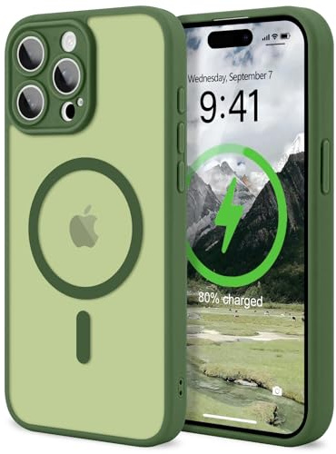 LAPOPNUT Magnetic Case for iPhone 15 Pro, Camera Protection, Dark Green | Compatible with MagSafe, Translucent Matte, Hard Back Cover, Soft TPU Bumper, Slim Shockproof Phone Case，Military Grade