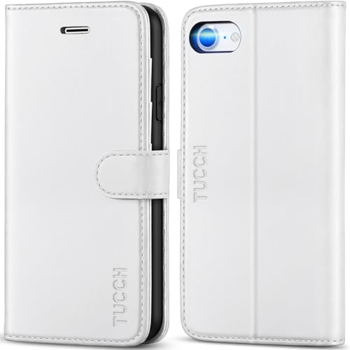 TUCCH Wallet Case for iPhone SE 2022 5G/iPhone SE 2020/iPhone 8/7, White | 3 Card Holders, Viewing Stand, Shockproof TPU Interior Shell, Premium PU Leather, Magnetic Closure, Folio Flip Cover