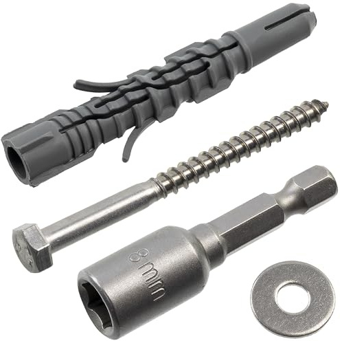 AERZETIX - Kit di 8 tasselli in nylon Ø8x60 mm + 8 viti tirafondo Ø5x60 mm inossidabile A2 + 8 rondelle larghe A2 per vite M5 + 1 bussola esagonale interna 1/4 SW8