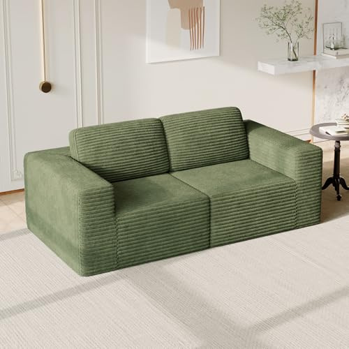 Vesgantti Modulares Cord-Loveseat in Grün, 202 cm mit Federkern & extra tiefer Sitzfläche, kompaktes 2-Sitzer Sofa für kleine Räume und Wohnungen, Flexibles Design, kein Aufbau nötig