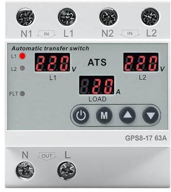 Conmutador automático monofásico ATS 63A AC220V Interruptor de transferencia doble alimentación Pantalla LED con Protección contra sobretensión y subtensión para generadores e Red Eléctrica GPS8-17