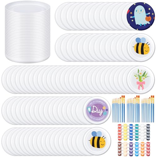 Tenceur 108 Pcs DIY Plastic Flying Disks Bulk 7 Inch Paint Your Own White Flying Disc with Paintbrushes and Paints for Party Favors and Crafts Fun Home Activities Games (White)
