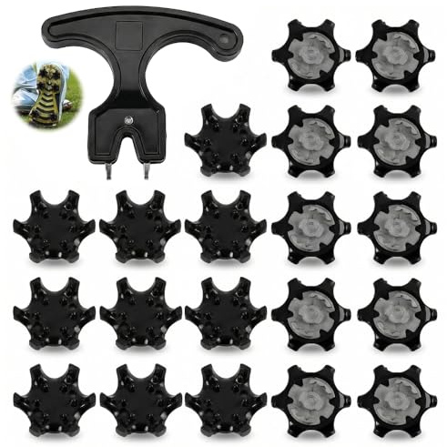 20 Pcs Golf Shoe Spikes Replacement Anti-Slip Cleats with Spanner Tool | 20 thermoplastic rubber golf cleats in black and grey with a dual-pin spanner, multi-directional grip for wet turf