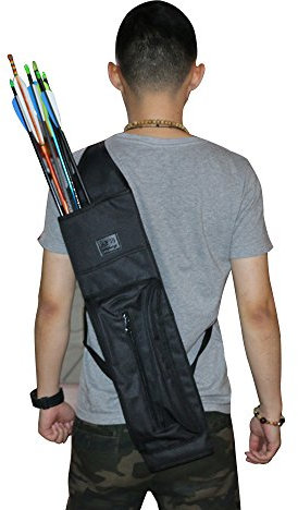 Huntingdoor Rückenköcher mit Verstellbarem Schultergurt und aufgesetzter Tasche Pfeilköcher Pfeilhalter 54X17cm für 50 Pfeile Bogenschießen Köcher Schwarz/Camo (Schwarz)