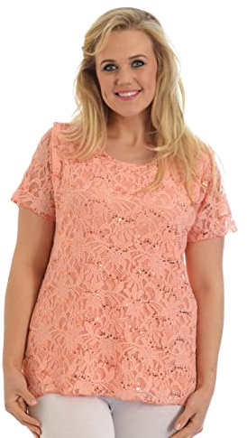 Womens New Floral Lace Sequin Ladies Scoop Neck Short Sleeve T-Shirt Party Top Plus Size