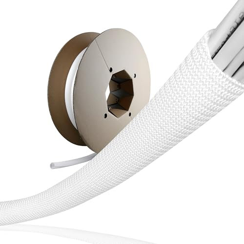 LABEL THE CABLE® 25m - 25mm (für 6-10 Kabel) Kabelschlauch Weiß Selbstschließend, Kabelkanal flexibel, Kabelschutz Katze Hund, Kabel verstecken PC, Kabelmanagement Schreibtisch höhenverstellbar