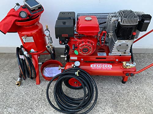 SABBIATRICE PROFESSIONALE A GETTO LIBERO 24 LITRI COMPRENSIVA DI COMPRESSORE A SCOPPIO DA 14 HP E KIT COMPLETO DI TUTTI GLI ACCESSORI PER LA SABBIATURA