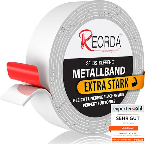 Reorda Metallband selbstklebend Weiß - (EXTRA STARK) Ideal für Tonies®-Figuren & -Regale - Magnetband für Magnete I Ferroband I Magnetband selbstklebend I Eisenband (6m)