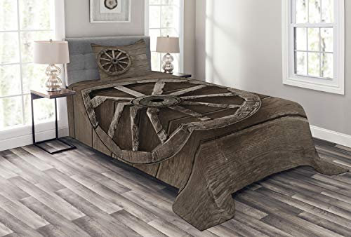 ABAKUHAUS Wagenrad Tagesdecke Set, Alte Kutsche, Set mit Kissenbezügen Sommerdecke, für Einzelbetten 170 x 220 cm, Umbrabraun