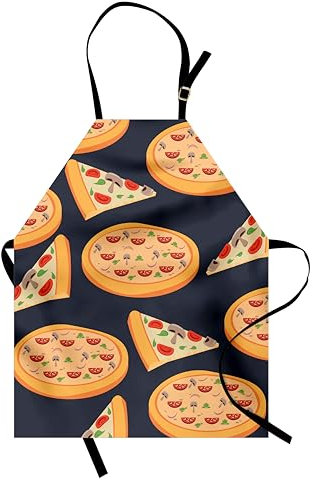 ABAKUHAUS Italien Kochschürze, Cartoon Pizzen und Scheiben, Unisex-Küchenlätzchen mit verstellbarem Hals für Kochen Gartenarbeit, 67 cm x 80cm, Dunkelblau Grau und Mehrfarbig