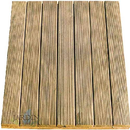 Baldosa de madera de pino recta 100x100 cm y 36mm. Tratadas con el sistema de autoclave para protegerlas de la humedad y el calor.
