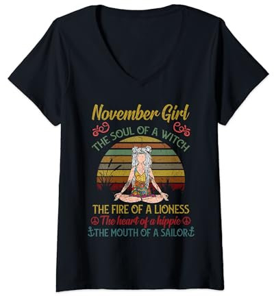 Damen November Girl Soul of A Witch Frauen Geburtstag November T-Shirt mit V-Ausschnitt