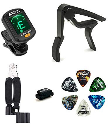 Meeland Mini-Stimmgerät für Gitarre, Bass, Ukulele, Violine, Gitarren-Kapodaster (schwarze Farbe), 6 Plektren, Saitenwickler, Geschenk, Geschenk