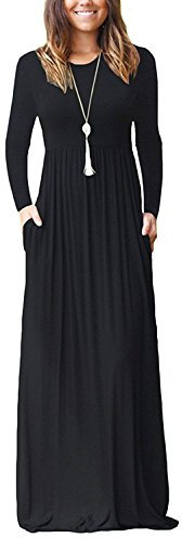 AUSELILY Damen Langarm Maxikleider Lässige Langkleider mit Taschen Winter Schwarz S