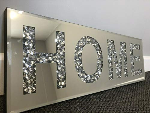 Large Bling Crushed Crystal Mirror HOME Wall Art Plaque Home Decor Word Deco