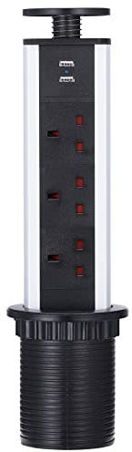 Kitchen Pull Pop Up Sockets for Worktop Desktop with 3 Power Sockets Plug 2 USB Ports - Black