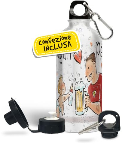 mugnue Borraccia per Papà, Ideale per la Festa del Papà. Bottiglia in Alluminio Bianca con Doppio Tappo